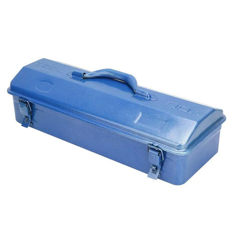 Serious Workhorse Iron Tool Chest With Adjustable Telescoping Handle And Secure Padlock Compatible Lock For Rugged Job Site Storage And Garage Gear Organization in blue, durable, steel box with clamps.