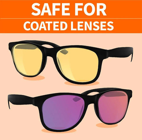 Front view of two black plastic sunglasses with yellow and purple mirrored lenses on a peach background.