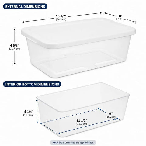Clear Plastic Storage Bins With White Snap On Lids Set Of Ten Six Quart Capacity, dimensions 13.5 x 8 x 4.6 inches showcased.