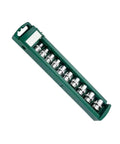 Heavy Duty Car Repair Socket Wrench Drive Head Kit With 3 8 Inch Quick Release Drive in a green storage rail with sockets.