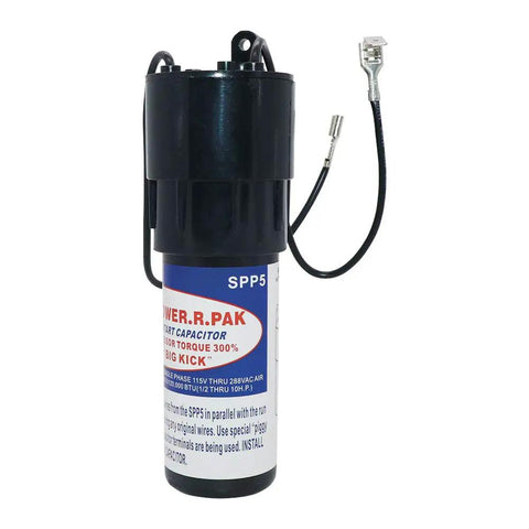 SPP5 Hard Start Capacitor Relay with wires, designed to boost compressor torque by 300% for 115 to 288 Volt coolers.