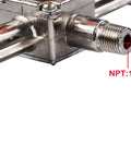 Close-up of Real Badass Heavy Duty Dual Outlet Air Compressor Manifold NPT Zinc Alloy Splitter Valve showing 1/4" NPT attachment.