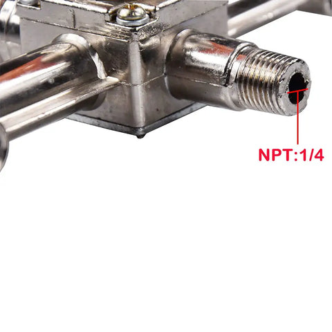 Close-up of Real Badass Heavy Duty Dual Outlet Air Compressor Manifold NPT Zinc Alloy Splitter Valve showing 1/4" NPT attachment.
