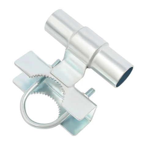 Rock Solid Heavy Duty Sliding Gate Hardware Kit With Smooth Gliding Dual Wheel Tracks For 600 Pound Fences And Hassle Free Pipe Mounts Plus Drop Latch For Driveways Or Yards, featuring silver metal pipe mount bracket.
