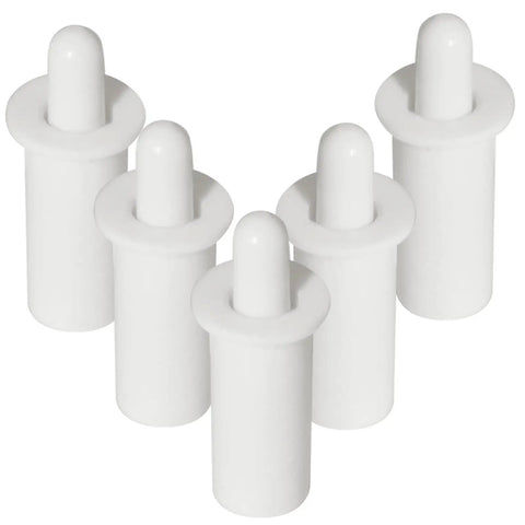 Five white plastic Top Shelf Shutter Repair Pins For Plantation Blinds No Sweat Handy Window Frame Restoration Kit.
