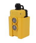 Top Notch Wireless Remote Switch For 12V Dc Hydraulic Pumps With Strong Magnet And Wall Plate For Dump Trailers Cranes And Lift Platforms Built Tough For Daily Grind Operations, showing yellow controller with UP and DN buttons.