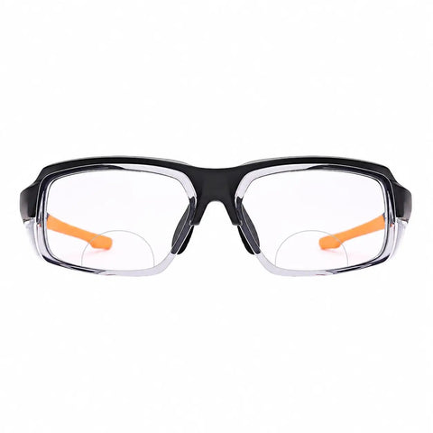 Kickass Real Deal Bifocal Photochromic Reader Safety Glasses With Side Shields Antifog UV400 Blue Light Blocking Plus 2.5 Magnification front view with orange sides.