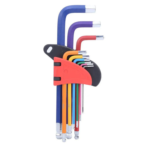 9 Piece Chrome Steel Hex Socket Wrench Set Color Coded CRV Heavy Duty Wrenches for quick size matching in auto repair.