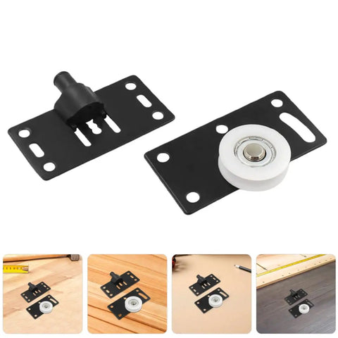 Heavy Duty Sliding Cabinet Door Nylon Pulley Wheel Hardware Set In Matte Black with white nylon roller for closets and cabinets.