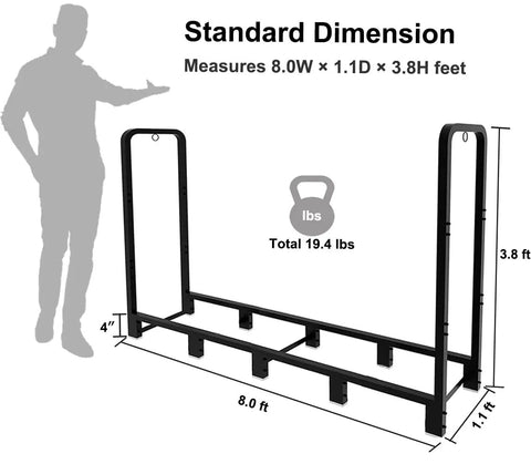 8ft Outdoor Firewood Rack With Heavy Duty Stand And Adjustable Length showing dimensions and standard size illustration