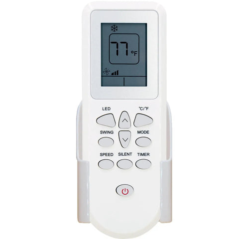 Replacement Remote Control For Portable Air Conditioner With Wall Mount Bracket, featuring a digital display at 77°F.