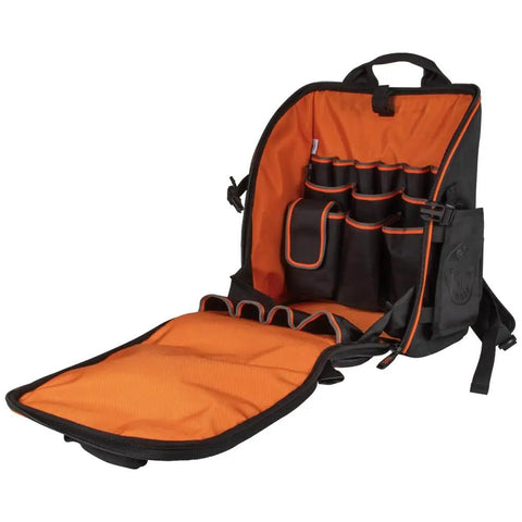 Heavy Duty Jobsite Ready Workhorse Tool Backpack with 21 Pockets and orange interior viewed open showing compartments for electricians.