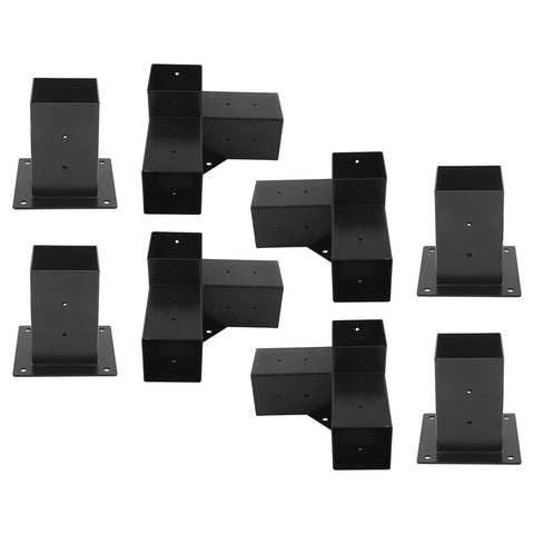 Heavy Duty 3 Way Corner Post Bracket Kit With Black Powder Coated Steel For Six By Six Lumber DIY Elevated Wood Stand Rustproof Weatherproof Hardware Set 8 Pieces