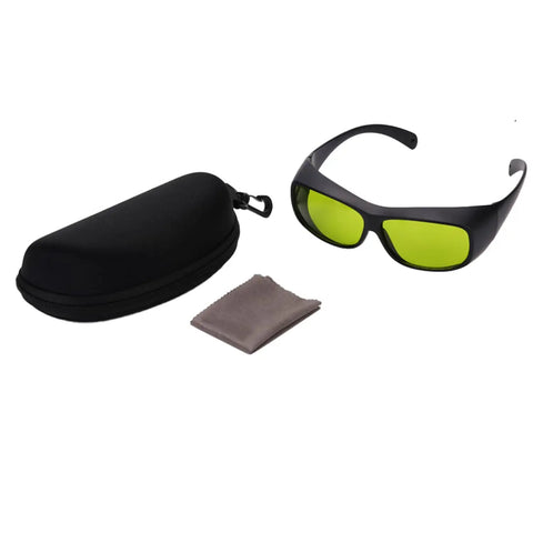 Big Deal Ipl Laser Safety Glasses With Od7 Plus Lens For Spa Owners And Laser Pros Offering Killer Eye Shielding From Eight Hundred To One Thousand One Hundred Nm In Solid Green Rims, including case and cleaning cloth.