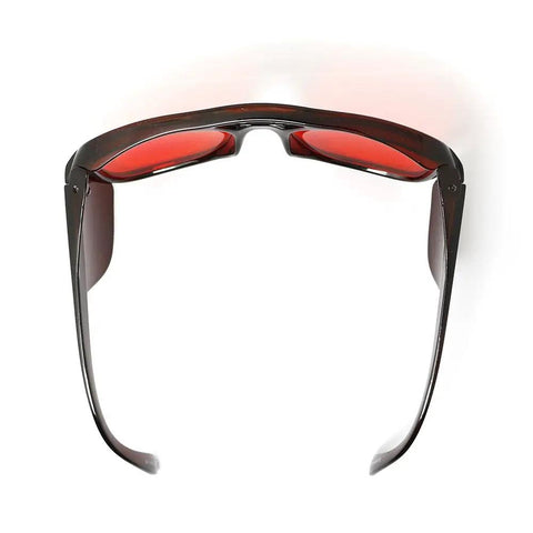 Top Shelf Laser Goggles For 532nm Green Diode Lasers With Heavy Duty Clear Lenses and slick carry case, rear view with red lenses.