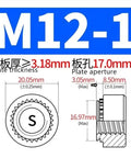 M12 X 1 Self Clinching Nuts 10 Pack Round Head dimensions detailed diagram showing plate thickness and aperture sizes.