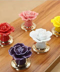Set Of Ten Vintage Ceramic Rose Cabinet Knobs With Gold Plated Base For Kitchen Drawers And Cupboard Doors, colorful flower designs on wood