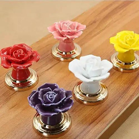 Set Of Ten Vintage Ceramic Rose Cabinet Knobs With Gold Plated Base For Kitchen Drawers And Cupboard Doors, colorful flower designs on wood