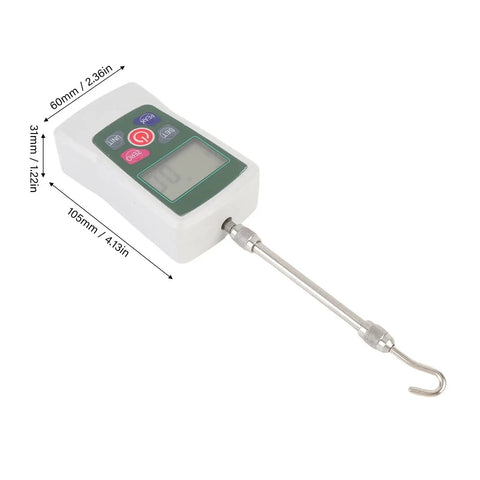 Digital Force Meter 100N High Precision Push Pull Tester showing measurements, ABS housing and stainless steel hook.