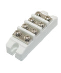 White ceramic four-position terminal block, angled side view with four screw terminals.