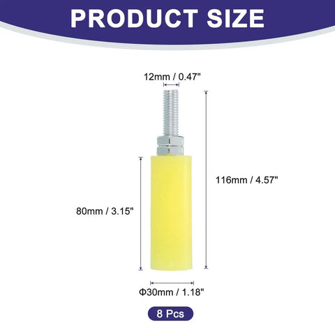 8 Pack Slide Gate Guide Roller Kit With 3 Inch Nylon Gate Rollers showing yellow roller with dimensions and thread size