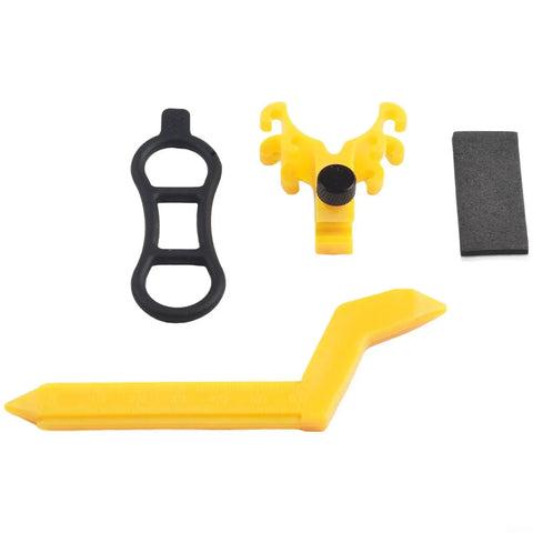 Components of Portable Bicycle Wheel Truing Stand With Rim Adjustment and Accurate Percentage Gauge, in bright yellow, durable ABS material