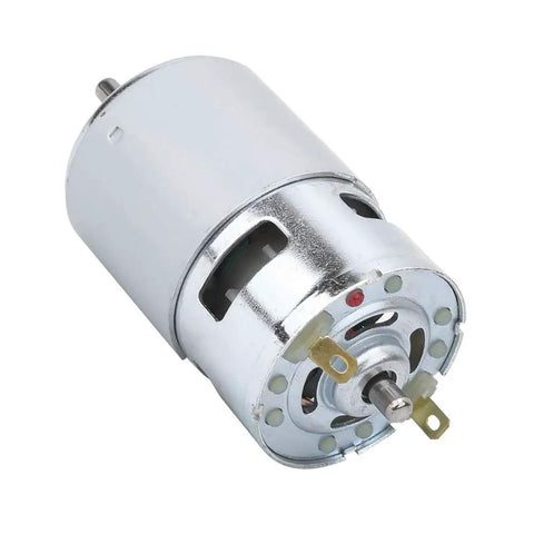 775 DC Motor High Torque High Speed With Double Ball Bearings Runs Like Butter At 12V Or 24V Delivers 20K Rpm close-up view showing metal housing and terminal.