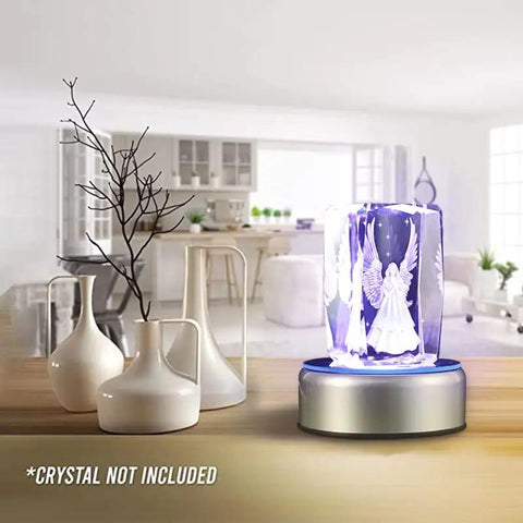 Rock Solid Rotating Display Stand With Fire LED Lighting showcasing crystal tumblers and glass jewelry, 3.5 inch circle.