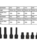 8 Piece 12 Point Socket Wrench Set Built Tough With Solid Cr Mo Steel, 1/2 Inch Drive Auto Repair Kit with specifications chart.