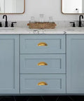 Hard-As-Nails 10 Pack Antique Brass Cabinet Cup Pulls With 3 Inch Hole Center For Vintage Kitchen Drawers And Bathroom Vanities Heavy Duty zinc alloy handles on blue bathroom cabinetry.