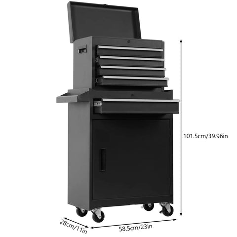 Heavy Duty Rolling Tool Cart With Five Roomy Drawers Plus Adjustable Shelves For Super Large Capacity Storage Organizer Cabinet, side view with dimensions.