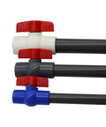 Top Shelf White UPVC Ball Valve With Forty Millimeter Inner Diameter For Quick Plumbing Pipe Switch Swap And Tight Glued Joint Fits That Give You Hella Smooth Flow And Stay Dead Tight Against Leaks For Your Everyday Home Fix Up Tasks on pipes with valve handles.