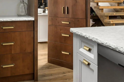 Six Pack Antique Brass Cabinet Cup Pulls Three Inch Center To Center Spacing on kitchen drawer fronts with wooden cabinets.