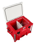 Open red and white Beefy Milwaukee Packout 40Qt XL Cooler 3Pc Set With Impact Resistant Polymer Body and heavy duty design.