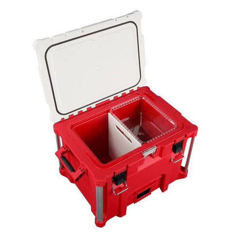 Open red and white Beefy Milwaukee Packout 40Qt XL Cooler 3Pc Set With Impact Resistant Polymer Body and heavy duty design.