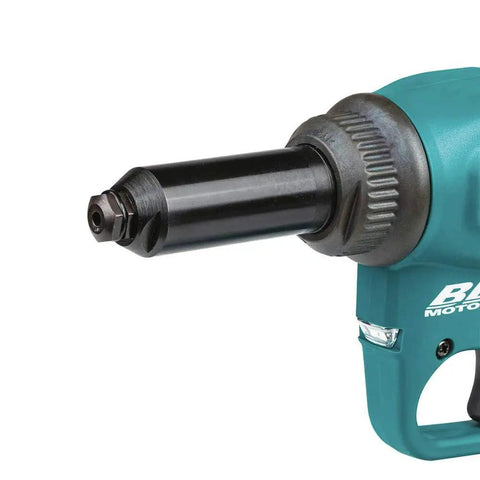 Close-up of the nozzle on the Pro Grade 18V Brushless Cordless Riveter With Serious Pulling Force for easy rivet application.