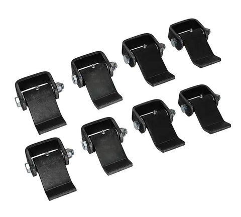 Eight Pack Heavy Duty Steel Dump Trailer Hinges With Weld On Short Leaf Strap Setup And Greaseable Pivot Pin For A Rock Solid Black Finish.