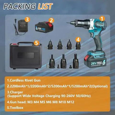 Packing list for Badass Cordless Automatic Rivet Nut Gun, 26V Battery Power with charger, batteries, and various heads.