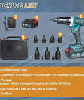 No Plug Hassle Badass 26V Cordless Rivet Nut Gun Kit With Two Beefy Batteries for M3 Through M12 Fastening Tasks packing list and components.