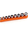 Snag This Solid Mini Ratchet Wrench Set With 1/4 Inch Drive And Nine Proven Metric Sockets From 5mm To 13mm ideal for quick auto repairs and lazy Sunday fixes crafted from tough heat treated alloy, featuring nine shiny metric sockets on an orange holder.