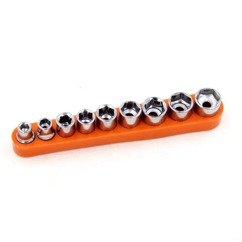 Snag This Solid Mini Ratchet Wrench Set With 1/4 Inch Drive And Nine Proven Metric Sockets From 5mm To 13mm ideal for quick auto repairs and lazy Sunday fixes crafted from tough heat treated alloy, featuring nine shiny metric sockets on an orange holder.