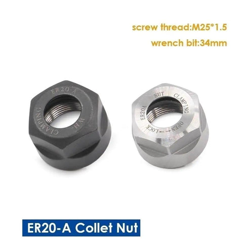 One Pc Er20a Collet Clamping Nut Built Tough For Smooth As Silk High Speed Milling And Cnc Engraving Tools With Balanced Black Finish To Crush Vibration And Secure Precision Work Dead On, showing black and silver ER20A nuts.