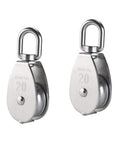 Front view of 2 Pcs 304 Stainless Steel M20 Silver Single Pulley Block For Wire Rope Hanging And Towing Wheel 20mm Wheel Diameter 8mm Groove Width