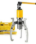 Professional Shop Grade Hydraulic Gear Puller And Wheel Bearing Remover With Secure Case, 3 In 1 Hub Separator Tool, showing carbon steel puller with yellow oil cylinder.