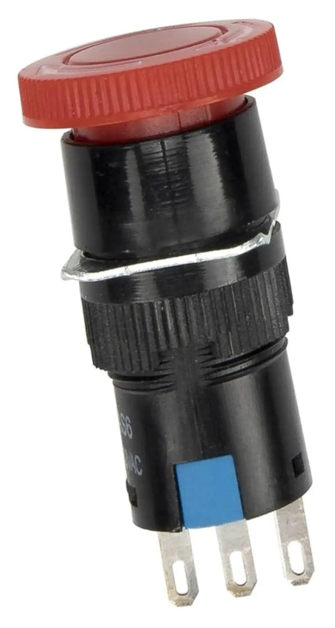 Red 16mm Emergency Stop Push Button Switch with screw clamp terminals, momentary round design for industrial panels.