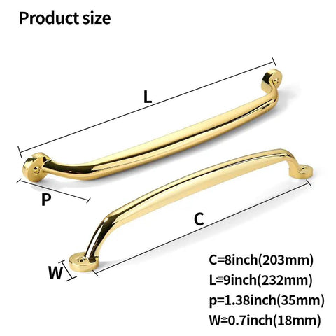 Premium Polished Brass Cabinet Pulls 10 Pack Heavy Duty 8 Inch Hole Center Drawer Handles Zinc Alloy Kitchen Bathroom Hardware with Dang Tough Construction and Killer Shine Transform Any Cabinet Setup Instantly size chart showing dimensions.