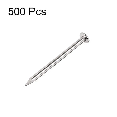Close-up image of Real Deal Tiny Carbon Steel Nails Nickel Plated Silver Tone Mini Hardware Fasteners, 12mm x 19mm, 500 pieces.