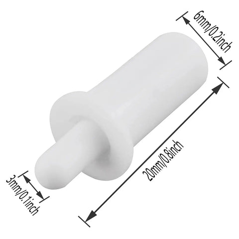 Twenty Piece Collection Of Spring Loaded Shutter Louver Replacement Pins Providing A No Sweat Upgrade For Fast Air Vent Repairs Using Heavy Duty Matte White Plastic Components, detailed view of a white plastic pin.