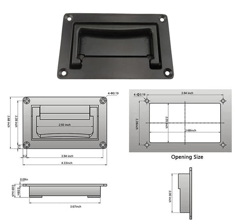 Diagram and dimensions of 2 Pack Zinc Alloy Recessed Pull Handles For Cabinets And Containers, Black Finish, Flush Lift Door Handle, 4.37 Inch