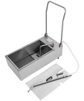 Heavy Duty Stainless Steel Oil Filter Machine With Foldable Design And Casters For Easy Mobility In Restaurant Or Home Kitchen Efficient Grease Extraction System Keeps Hands Clean During Cooking Cleanup Process, featuring tank, strainer, and drainage hose.